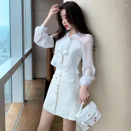 Abiti da lavoro Runway Spring Kawaii Set da 2 pezzi Donna Moda coreana Patchwork Party Minigonna Completo da donna a maniche lunghe con fiocco