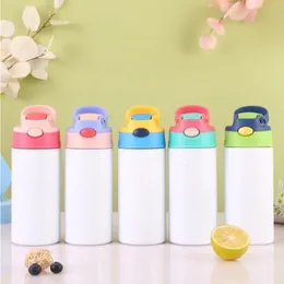 Stok süblimasyon kupaları Boşluklar Çocuklar Tumbler Şişe Sippi Bardakları 12 Oz Beyaz Su Şişesi Saman ve Taşınabilir Kapak 5 Renkli Kapaklar Pri UFGB