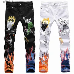 purple jeans mens pant Chaopai High Street Men's Elastic Slim Fit 3D Color Printing Black White Pants Skeleton Graffiti Chaomen's Jeans