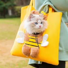 Pet Cat Bag Cute Small Bee Canvas Open Head Shoulder Bag Small And Medium-sized Dog Handbag Pet Out Travel Backpack 240103