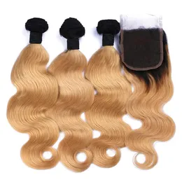 WEFTS Truskawkowe blondynki Ombre 4x4 Zamknięcie z splotkami ciemne korzenie 1B/27 miodowe blond ombre brazylijskie fala ciała 3bundles z zamknięciem