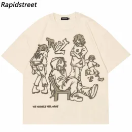 Harajuku Cartoon Girl Cat اليابانية Kanji Graphic T Shirtwear Men Men T-Shirt Summer Short Shirt Tops Tees 240103