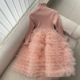 Flickor tröja skarvning tiered spets tyll tutu klänningar barn ruffle collar flare hylsa prinsar kläder barn födelsedagsfest klänning z6486