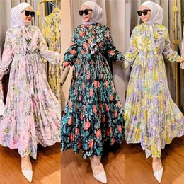 Ethnic Clothing Bohemian Floral Dress For Women Elegant Lace Up A Line Long Sleeve Chiffon Beach Dresses Muslim Kaftan Abaya Islamic Abayas