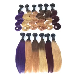 Wefts ombre Virgin Hair Bundles Brazilian Body Wave Human Hair Weave 2 톤 Weft 1B 갈색 블로닝 된 빨간색 파란색 퍼플 페루 저렴한 Ombre