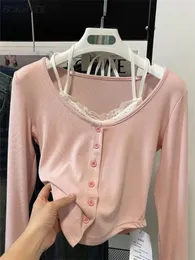 Pembe T-Shirts Kadın İnce Tatlı Kolej Moda Kore Bahar Yumuşak Boş Zaman Kırpılmış Eklenmiş Tasarlanmış Varış Günlük Günlük 240103