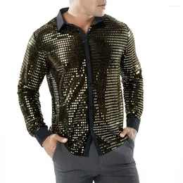 Męskie koszulki mody błyszczące cekiny z długim rękawem okładki lapowe impreza taniec retro 70s disco bling tops