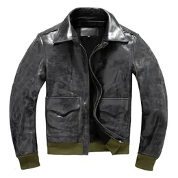 Militärstil Black Autumn A2 Pilotjacka Men Plus Size 5XL Natural Cowhide Aviation äkta läderrock 240103