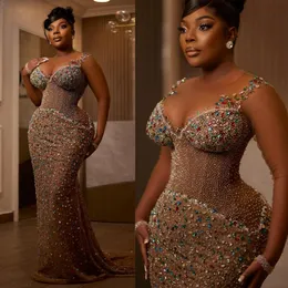 Luxurious Plus Size Aso Ebi Prom Dresses Plus Size Dark Champagne Mermaid Colorful Rhinestones Illusion Tulle Birthday Party Dresses for Special Occasions ST745