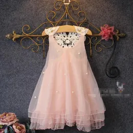 Платья девушки кружевное жемчужное платье 2015 Новое милая принцесса девушки без рукавов кружевное платье детское одежда