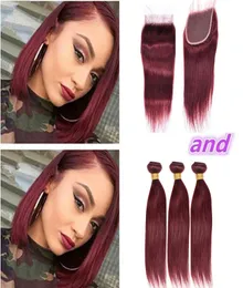 Brazylijskie Burgundowe 99J proste wiązki Virgin Hair z zamknięciem ludzkiego splotu do włosów z koronkowym zamknięciem 4PCS Brazylijskie HAI8425230