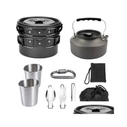 Camp Kitchen Cam Cookware Utensils Cooking Set Hiking Pot Pan Kettle Spoon Fork Hnife Outdoor Tableware P230506U8F5 Drop Delivery Sp Ot6Bb