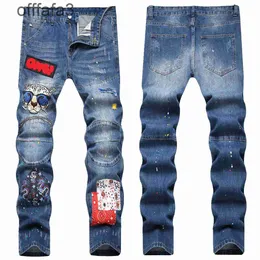 Mor kot pantolon pantolon 2024 moda fermuar dekorasyon erkekler yırtık ince fit küçük ayak mavi bel pantolon trend