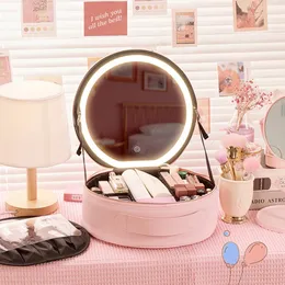 Circular Mirror With LED Light Portable Large Capacity Cosmetic Bag Handbags Makeup Portable Makeup Travel Cosmetic Storage Box 240103