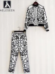 Suits Aeleseen Women Autumn Winter Set Runway Fashion Black Flower Randig Print Jacket + fulllängd Pants Casual Two Pieces Set