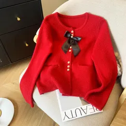 Women's Knits Small Fragrant Style Bow Sweater Christmas Year Red Wollen Cardigan Autumn/Winter O-Neck Long Sleeved Knitted Top