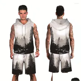 Men'S Tracksuits Mens 2022 Autumn Fashion Hip Hop Print Dark Sky Forest 3D Breathable Polyester Sleeveless Hoodies And Knee Length S Dhhy8