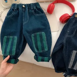 Erkekler bahar moda kot pantolon çocukları gevşek ayak bileği uzunluğu gündelik geniş bacak bloomer çocuklar allmatch denim patchwork pantolon 06y 240103