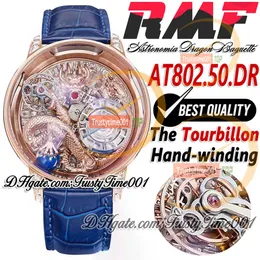 RMF AT802.50.DR STOLOMIA TOURBILLON MENSEACAL MANTS WATCHED OUT BAGOETTE Diamonds Rose Rose 3D Art Dragon Dial Leather Strap Super TrustyTime001 Watches