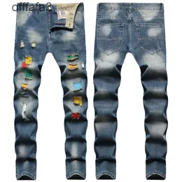 Jeans roxo calça masculina americano hip hop rua vento quebrar buraco contraste cor orvalho fio multicolorido pequeno reto