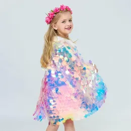 Jacken Mode Mädchen Pailletten Umhänge Umhang Regenbogen Fischschuppen Umhang für Kinder Weihnachten Halloween Cosplay Little Memaid Prinzessin Kostüm L