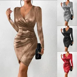 Elegancki jasny jedwabny długie rękaw Ruched mini sukienka Kobiety Sexy Deep V Slit Night Club Party Eventum Dress Femils Autumn Vestidos 240104