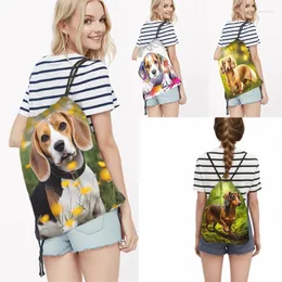 School Bags Cute Beagle Dog Print Drawstring Bag Dachshund Puppy Women Backpack For Travel Portable Storage Book Shoe Holder