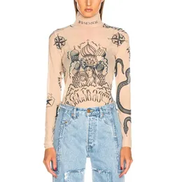 قمصان TVVovvvin New Fashion Women 2019 Tops Print Print Vintage Sexy Sunproof Autumn Turtleneck Mesh Blouse Shirt Tatoo T20032