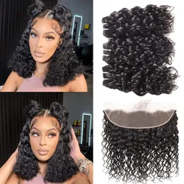 Wefts Water Wave Bundles with Frontal Human Hair 3 Bundles and Frontal 13x4 HD Transparent Lace Frontal with Bundles Indian Remy Hair Bu