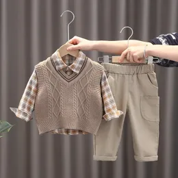 2023 Spring Autumn 3PCS Boys Clothing Set Baby Sweater Vest Longsleeve Shirts Cargo Pants Clothes Infant Children Suit 240103