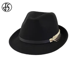 FS New Wool Felt 여성 남성 남성 Fedora Hat for Spring Autumn Elegant Lady Trilby Jazz Hats Panama Cap Black Curl Brim3462433