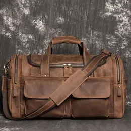 Retro Brown Men's Hand Bagage Bag Crazy Horse Leather Large Capacity Travel Businhelg En axel Messenger Bag 240103