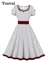 Partykleider Tonval 95% Baumwolle Quadratischer Ausschnitt 50er Jahre Pinup Robe Polka Dot Vintage Kleid Frauen Hohe Taille A-Linie Elegante Kleidung Midi