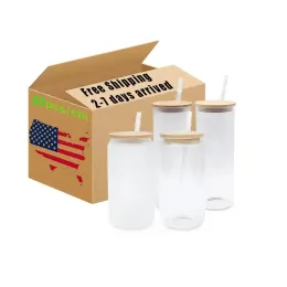 CA USA warehouse 16oz Clear Frosted Glass Mugs Sublimation Blanks Beer Can Shaped 16OZ Wine Glasses Drinking Tumblers With Plastic Straw And Bamboo Lid