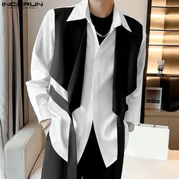 INCERUN Топы в корейском стиле, красивая мужская лоскутная рубашка из двух предметов, повседневная вечеринка, контрастный дизайн, блузка с длинными рукавами, S-5XL 240104