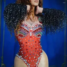 Stage Wear Singer Sexy Glitter Multicolor Rhinestones Rompers Sequins Fringe Sleeve Jumpsuit Women Dance Bodysuit