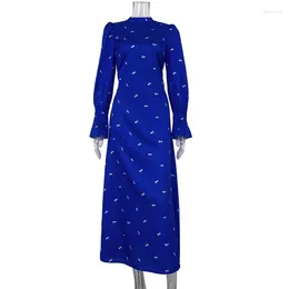 Abiti casual Stampa in raso Moda donna Slim Colletto alla coreana Vita con lacci Manica lunga Maxi elegante abito da festa classico femminile