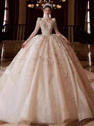 2024 Elegancka suknia ślubna Illusion szyja Koronki Aplikacje Perły Koraliki szatę Mariage Vestidos de novia błyszczące luksusowe długie rękawy Dubai Arabska suknia ślubna rozmiar