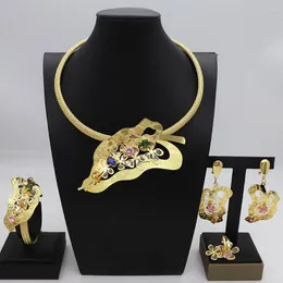 Necklace Earrings Set Gold Plated Jewelry For Women No Tarnish Leaf Bracelet Drop Rings Party Fashion Accessories