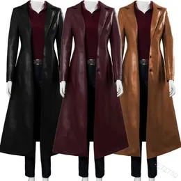 Jacka Long Women's Clothing Streetwear Solid Color Steampunk Gothic Lapel Biker Jacket S-5XL Woman Faux Leather Trench Coat 240104