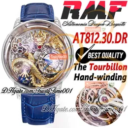 RMF AT812.30.DR ASTOROMIA TOURBILLON 기계식 남성 시계 아이디 아웃 포장 된 바게트 다이아몬드 3D 골드 드래곤 다이얼 가죽 슈퍼 에디션 TrustyTime001Watches