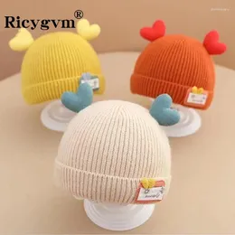 Berets ricygvm bonito crianças beanies coração amor orelhas bebê chapéu de malha inverno crianças quente boné menino menina cor sólida lã crochê bonnet