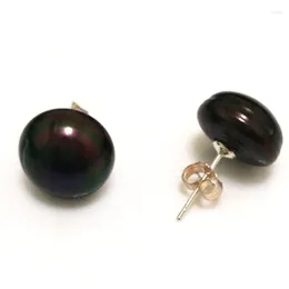 Studörhängen 12-13mm svart naturlig odlad sötvattenknapp pärla sterling silver örhänge