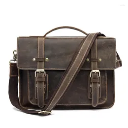 Maletines Crazy Horse Business Bolso de cuero genuino para hombres Mango suave Cremallera Sólida Vintage Laptop para bolsos para hombres Maletín