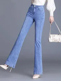 Ljusblå hög midja rak byxor kvinna våren hösten slim lös fickmamma flare jeans koreanska kontor denim byxor vaqueros 240104