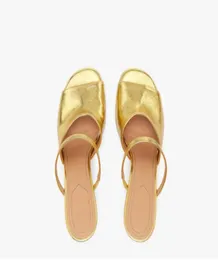 23ss Женские сандалии FFirst First Босоножки на высоком каблуке из кожи наппа цвета золота, роскошные дизайнерские сандалии золотистого цвета на высоком каблуке со скульптурным каблуком 4363091084