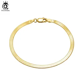 ORSA JEWELS 18K Gold 925 Sterling Silver Punk 3mm Flexible Flat Herringbone Chain Bracelet for Women Fahsion Jewelry SB107 240104