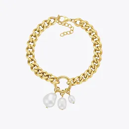 ENFASHION 3 Natural Pearls Wide Chain Bracelet For Women Stainless Steel Gold Color Bangle Fashion Jewelry Pulseras Party B2238 240104