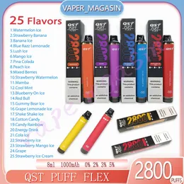 100% оригинал QST Puff Flex 2800 puff Одноразовая ручка Vape Pen 8 мл Предварительно загруженный картридж 25 вкусов Puffs 2800 Аккумулятор 1000 мАч Электронные сигареты 0% 2% 3% 5% концентрация