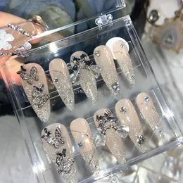 Butterfly Press on Nails Y2K Glitter Rhinestone Fake Nail with Glue Tucked Handmade Long Coffin Stiletto False Nails Tips 240104